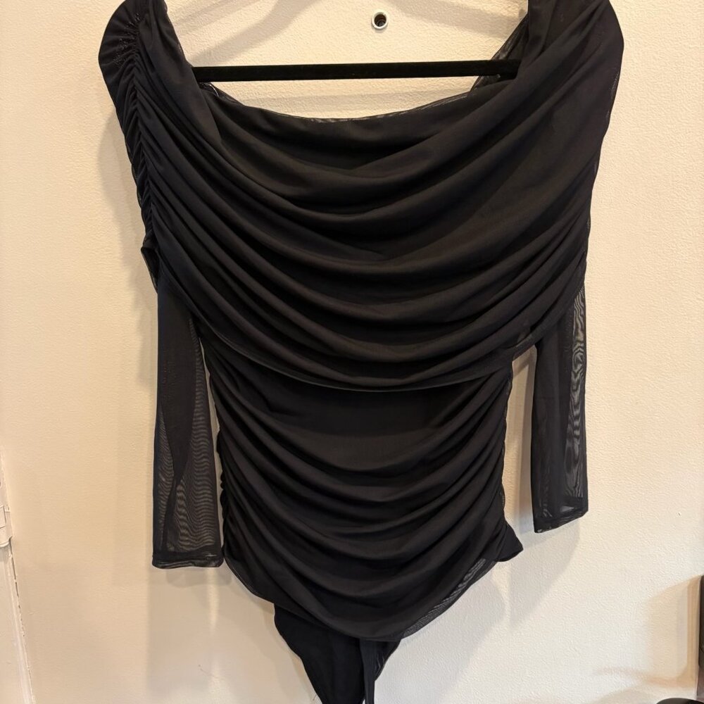 NWT, Abercrombie Long-Sleeve Mesh Foldover Bodysuit, Black, L - Picture 2 of 7